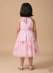 Sweet Pink Floral Halter Dress for Girls