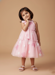Sweet Pink Floral Halter Dress for Girls